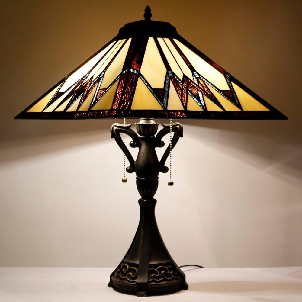 Tiffany Style Table Lamp Stained Glass Cream Amber Square Geometric Mission